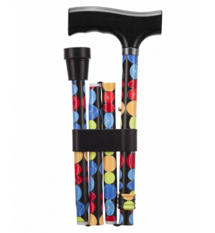 shows the bubble pattern folding adjustable walking stick when fully folded