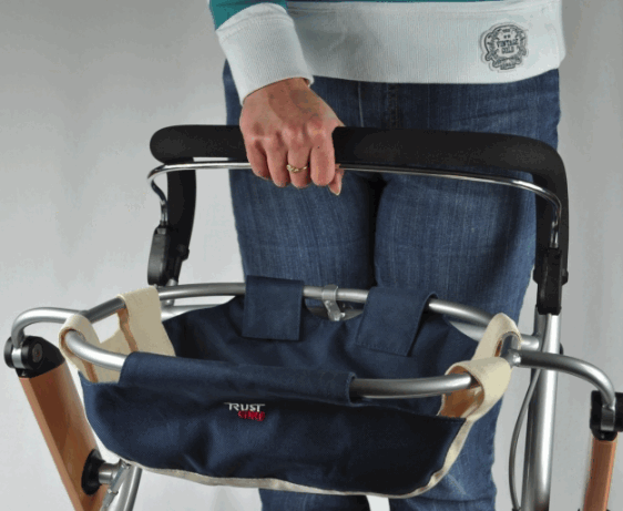 A close up of the basket on the Let's Go Indoor Rollator/Walker Trolley