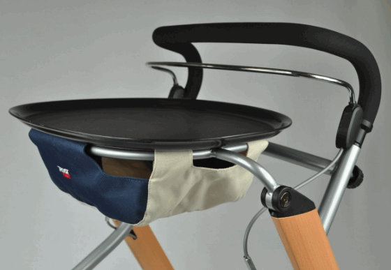 A close up of the tray on a Let's Go Indoor Rollator/Walker 