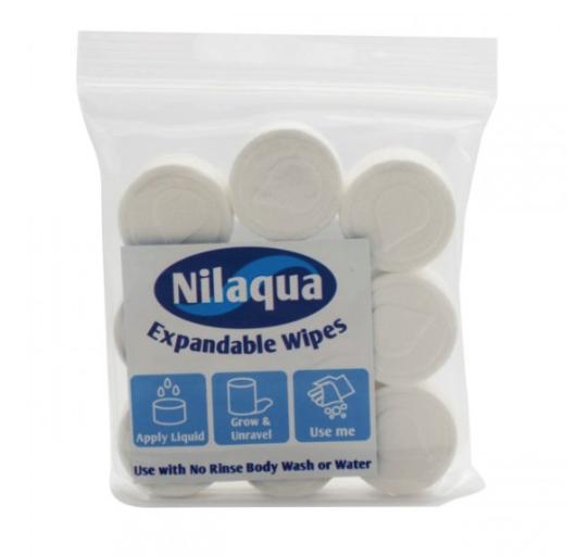 The image shows a pack of nine Waterless Nilaqua Expandable Wipes