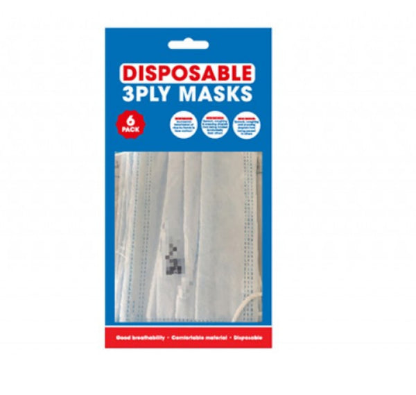 Disposable 3 ply Face Masks (Pack of 6)