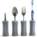 shows four universal built-up handles holding a pen, a spoon, a fork and a toothbrush