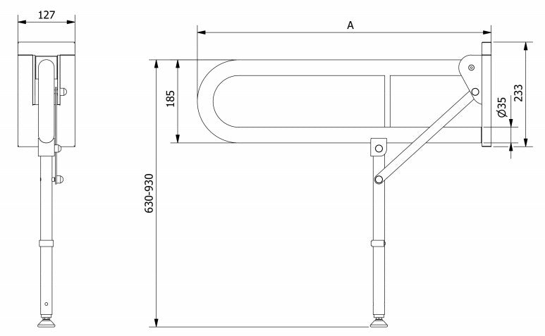 A diagram of the measurements for the Friction Hinged Support Rail