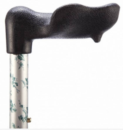 shows a close up of the handle on the folding adjustable arthritis grip cane in ivy