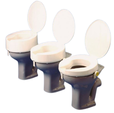 shows the three sizes of the ashby esayfit raised toilet seat, 2, 4, and 6 inches