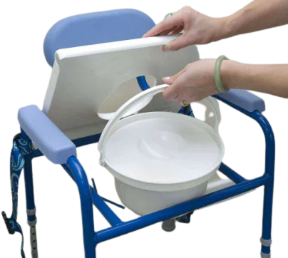 shows someone removing the potty on the nuvo children's height adjustable commode