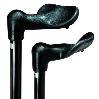 shows the right and left handed adjustable height arthritis grip cane