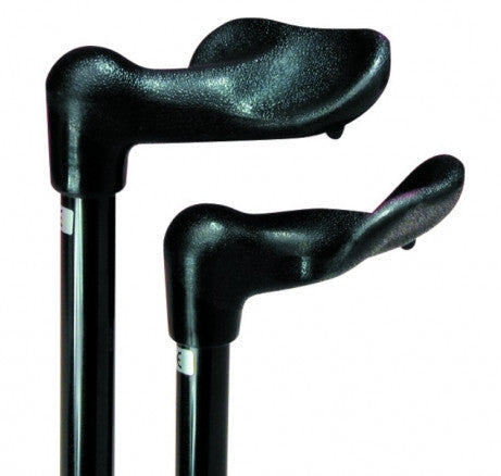 shows the right and left handed adjustable height arthritis grip cane