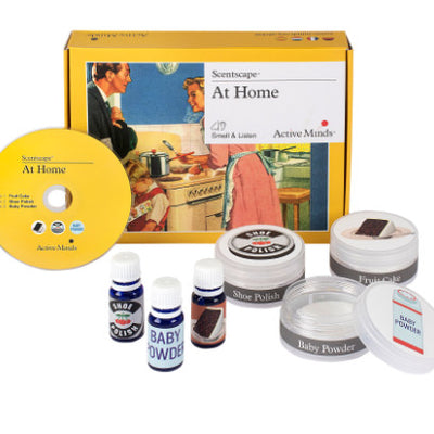shows the at home scentscape package with the box, the cd, and the different scents.