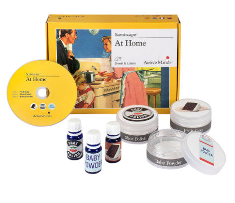 shows the at home scentscape package with the box, the cd, and the different scents.