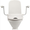 the image shows a front view of the etac supporter toilet seat with fixed arms