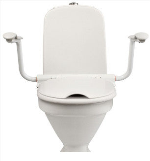 the image shows a front view of the etac supporter toilet seat with fixed arms