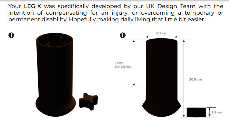 Leg-X measurements. 13cm Internal, 8.5 cm width, 20.5cm total height.