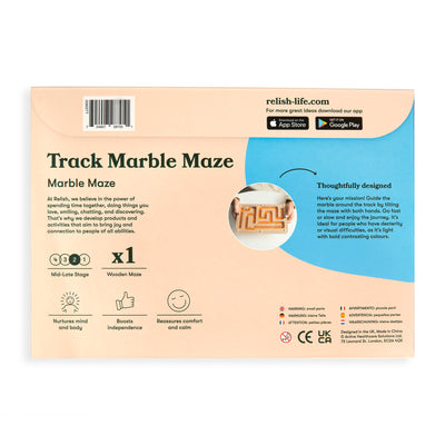 shows the back of the box of the track marble maze game