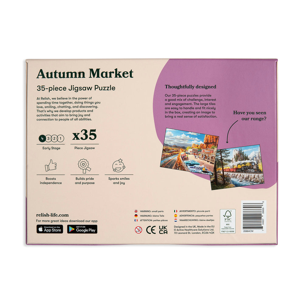 shows the back of the autumn market jigsaw puzzle box.