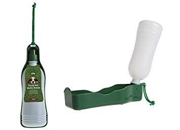 shows the Crufts Travel Pet Water Bottle when the drinking tray is unfolded for use