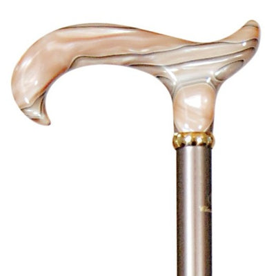 the image shows a close up of the handle on the classic canes derby cane with acrylic blonde handle