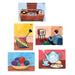 shows completed paintings from the home comforts aqua paint set; a record player, a spinning top, a man and a child watching a television, a bowl of knitting and an afternoon tea scene.