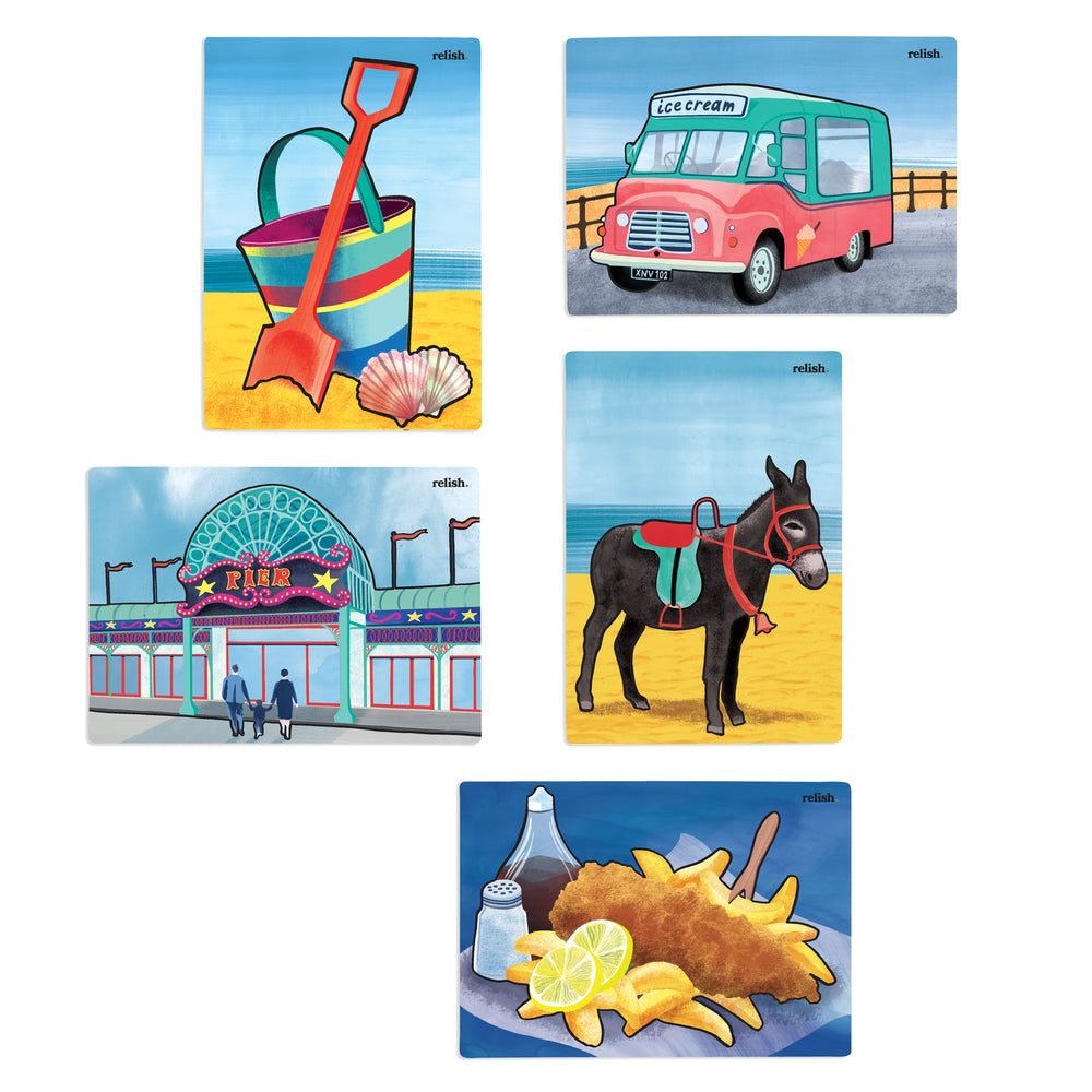 the five completed beach holiday aqua paint paintings; bucket and spade, ice cream van, promenade, donkey and fish and chips.