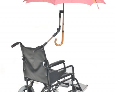 shows the adjustable wheelchair clamp being used to hold an umbrella above a wheelchair