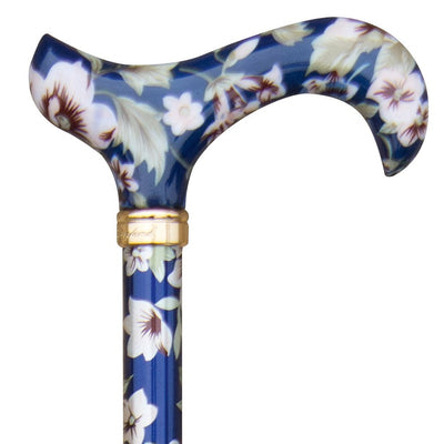 the image shows the classic canes tea party derby cane with the dark blue floral pattern