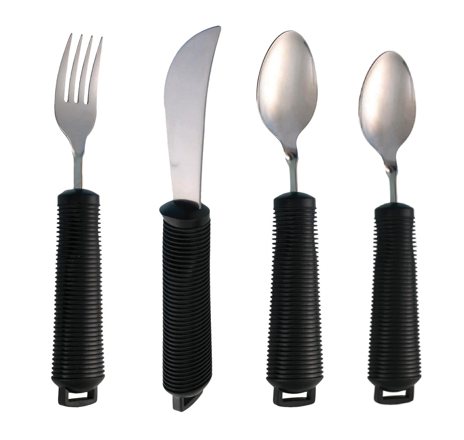 shows the four piece black bendable cutlery set