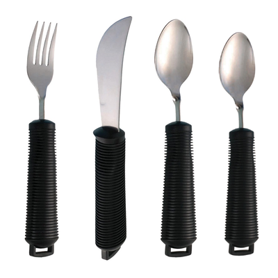shows the four piece black bendable cutlery set