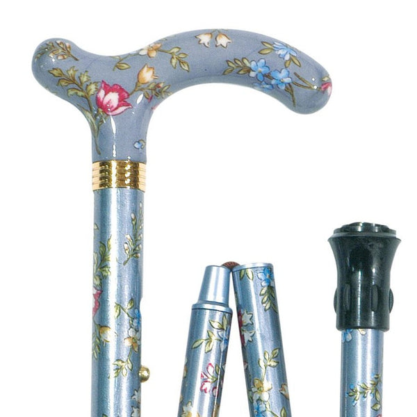 shows the Grey/Blue Floral Slimline Folding Fashion Petite Cane from Classic Canes