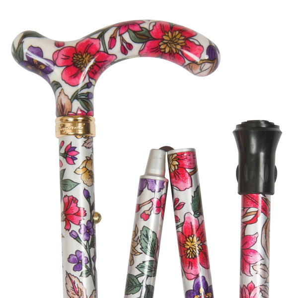 shows the Classic Canes Slimline Folding Petite Cane in Violet and Pink Floral design