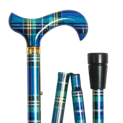 shows the Classic Canes Folding Fashion Derby Cane Blue Tartan