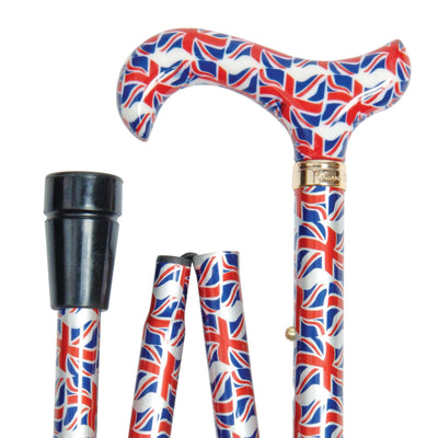 shows the Slimline Folding Derby Cane in Union Jack Flag design from Classic Canes