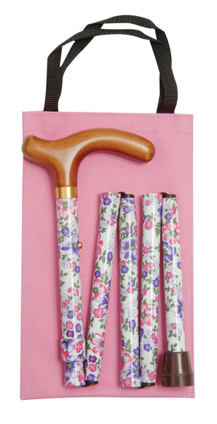 shows the Classic Canes Floral Folding Handbag Cane and pink walking stick storage bag with handles