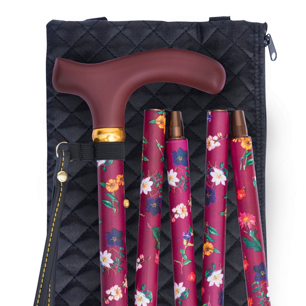 shows the Classic Canes Slimline Folding Handbag Cane in Claret Floral