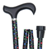 shows the Classic Canes Slimline Folding Sassy Cane in Black and Multicoloured Polka Dots design