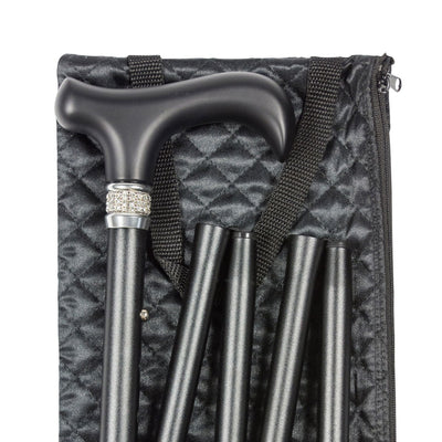 shows the Classic Canes Slimline Folding Handbag Cane with Crystal Collar and the quilted storage case