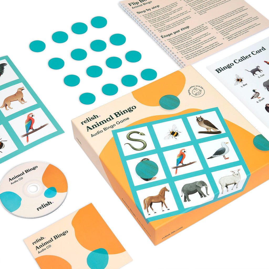 shows the animal bingo box surrounded by the contents it contained