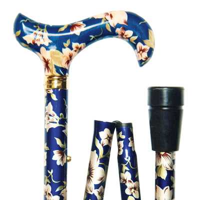 shows the Classic Canes Slimline Folding Elite Derby Cane in Dark Blue Floral