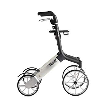 A sideways view of the Black and Silver Let's Go Out Rollator.