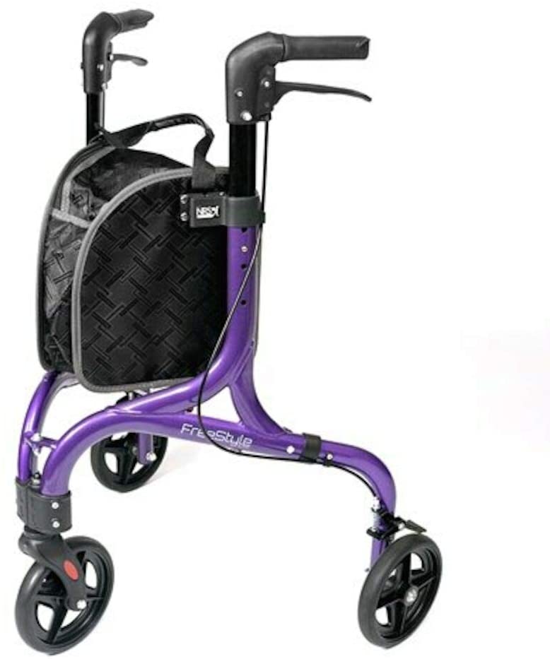 The image shows the purple coloured freestyle tri/three wheeled walker