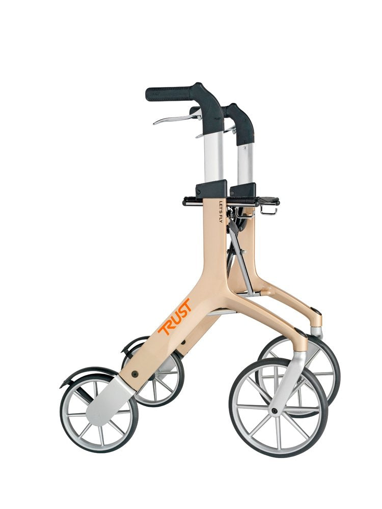shows the side view of the lets fly rollator in the champagne colour