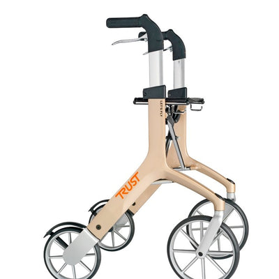 shows the side view of the lets fly rollator in the champagne colour
