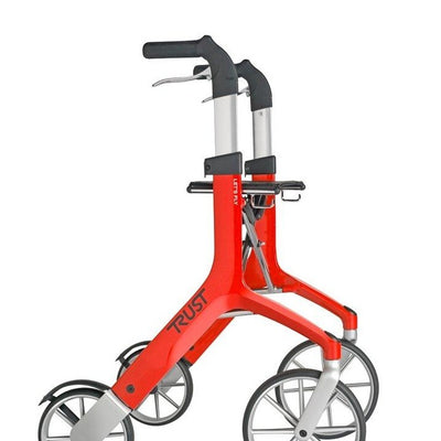 shows a side view of the lets fly rollator in red