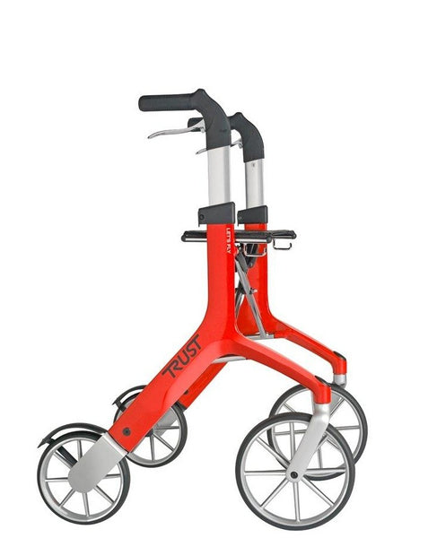 shows a side view of the lets fly rollator in red