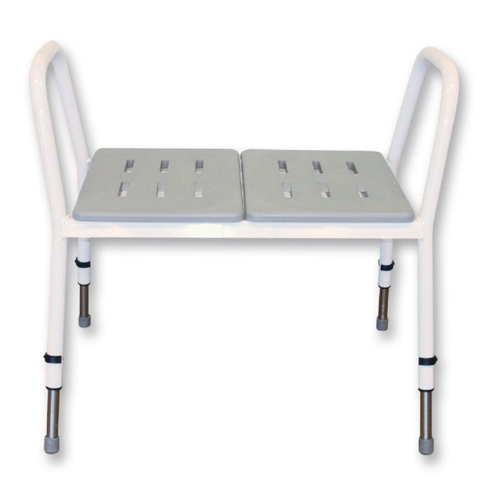 shows a grey and white heavy duty shower bench stool