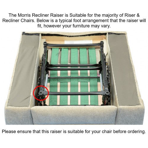a disgram showing how the Morris Recliner & Riser Recliner Chair Raiser Adj. height 10 cm - 18 cm works