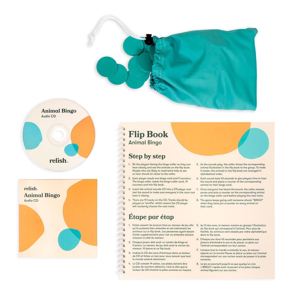 shows the animal bingo instructions, the cd and the bag that the round bingo markers are kept in