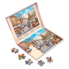 shows a nearly complete jigsaw in the autumn market jigsaw box