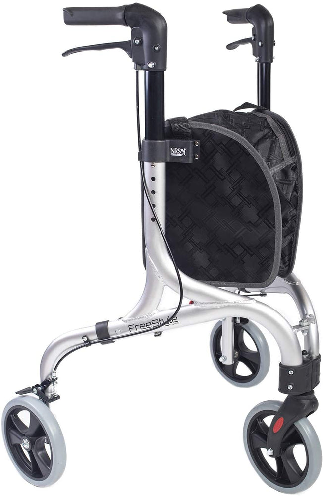 The image shows the silver coloured freestyle tri/three wheeled walker