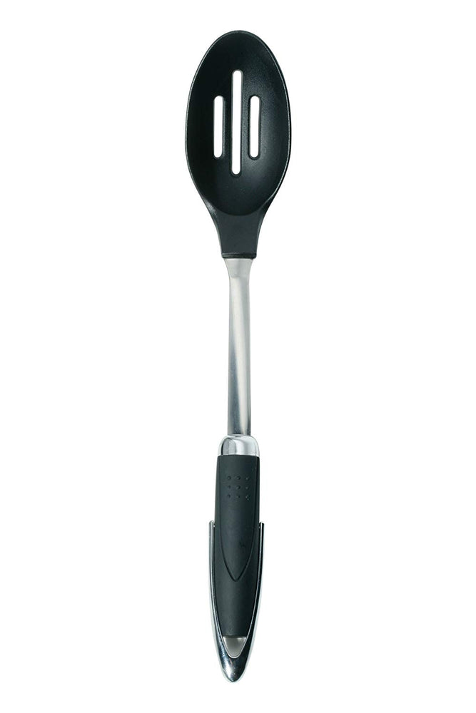 shows an upright view of the nylon and stainless steel slotted spoon