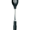 shows an upright view of the nylon and stainless steel slotted spoon